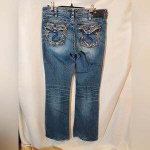 Silver Low Rise Boot Cut Denim with Embellished Pockets 31x33